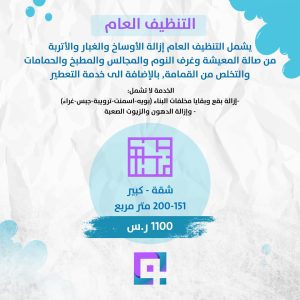 التنظيف العام للشقة مساحة 151 – 200 متر مربع